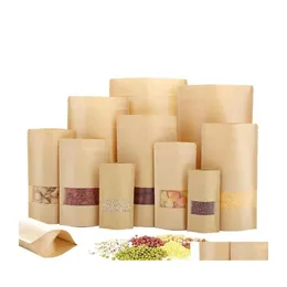 梱包バッグ100 PCS/LOT KRAFT PAPER BAG FOOD DOUREPROOFジッパースタンドアップ再利用可能なシーリングポーチ透明な窓ドロップDEDHDJ9