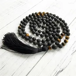 Pendant Necklaces Hematite & Lava Stone Tiger Eye Necklace Hand Knotted Prayer Black Beads Men's Yoga Mala Tassel