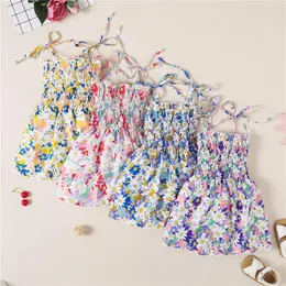 Girl Dresses Infant Summer Princess Dress Girls Smocked Tie Up Floral Print Boat Neck Spaghetti Strap One-piece 1-6Years
