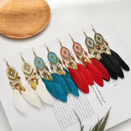 Dangle Earrings Bohemian Jewelry Oval Flower Enamel Charm Earring Vintage Feather Pendientes Mujer Beads Leaf Tassel Ear Piercing Gift