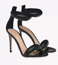 العلامة التجارية الأنيقة Gianvitos Bijoux Sandals Shoes Women Rossis محاذاة الأشرطة العارية الذهب الأسود الكعب العالي الشعار السوستة المحفوفة
