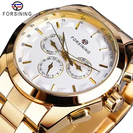 CWP Forsining Golden Men Mechanical Watch 3 Dial Calendar Steel Band Business Watches Automatic Watches Clock Montre Hom228W