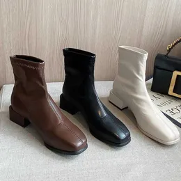 Martin Boot Women New Korean Style Square Head Thick Heel Short Boots in Autumn and Winter Middle Elastic Thin Chelsea