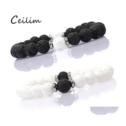 Moda com mi￧anga de 8 mm de lava Bracelets de pedra Cura Energia NCE Black White Contas Bracelet para homens homens Ajuste el￡stica el￡stica Drop del Dhpbe