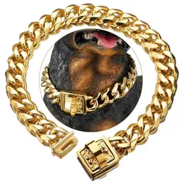 19 mm de colarinho de cachorro 18k cor de ouro pesado aço inoxidável cão de luxo colar de luxo link cubano com cadeia de fecho durável x07032817