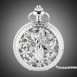 TFO Pocket Watch Silver Hollow Petals Surround Dancing Mermaid Design Pendant Ladies Fashion Gift Necklace326o
