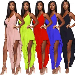 Casual Dresses Sundress Boho Summer Women Neon Long Dress Spaghetti Strap Irregular Split Maxi Club Sexy