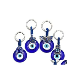 Anéis -chave Animal Butterfy Turtle Owl Palm Evil Eyes Keychain Metal Keyring Glass Lucky Blue Eye Pinging Ornament Keychains para Party DHVSB
