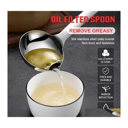 Cooking Utensils 304 Stainless Steel Soupspoon Colander Long Handle Filter Grease Oil Soup Separation Spoon Kitchen Drop Delivery Ho Dh1Vz