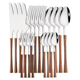 Flatware Sets Dinner Silver Stainless Steel Imitation Wooden Handle Dinnerware Knife Coffee Spoon Tea Fork Cutlery Set Tableware