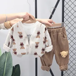 2023 primavera outono crianças meninas 3 pçs conjunto de roupas cardigan jaqueta dos desenhos animados urso camisetas calças do bebê meninos terno esportivo