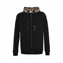 Mens Hoodies Hooded Sweater Terry Plaid Splice dragkedja Cardigan läderplädet grov bomullsgängad ärmrock