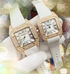 Lüks kare roman kadran kuvars erkek ve kadın çiftler elmaslar yüzük kasa gerçek deri kemer süper parlak popüler moda altın bilezik saat montre de lüks