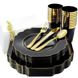 Disposable Flatware 60 Pieces Of Party Tableware Black Red With Gold Rim Plastic Plate Silverware Cup Set God Day Wedding Supplies