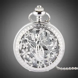 TFO Pocket Watch Silver Hollow Petals Surround Dancing Mermaid Design Pendant Ladies Fashion Gift Necklace2704