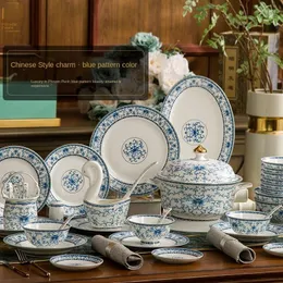 Schalen High-End-Einfache chinesischer Keramik-Hausgerichte Tabelle Set Blue and White Emaille Hochzeit Geschenkkombination