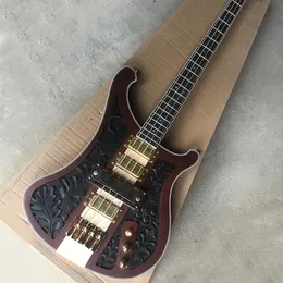 4 strängar hals genom kroppens elektriska basgitarr med 4 pickups CNC Graveringsmönster Rosewood Freboard anpassningsbar