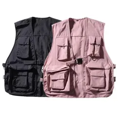 Hip Hop Loose Vest Sportswear Mens Pink Cargo Waistcoat med fickor Jacka Coat Streetwear Tactical Vests Sweatshirts8326589
