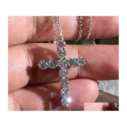 قلادة قلادة 925 Sterling Sier FL Round Round White Topaz CZ Diamond Cross Party Women Women Clavicle Netclace Gift Drop Droviour Jewel Dhmhn