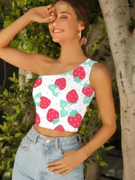 Canotte da donna Canotte 3D Canotta fragola Camicia senza maniche a fiori da donna T-shirt adorabili Grafica Harajuku Una spalla Crop Abbigliamento donna