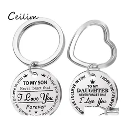 Nyckelringar till min son Rostfritt st￥l Keychain Graverad dotter ￤lskar mamma Keyring Heart Chains Charm Pendant Jewelry Gift Drop Delivery Dhsby