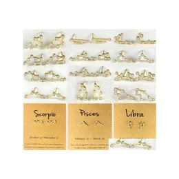 Женщины -шпильки 12 созвездий металлические бриллианты Кристаллические серьги Sier Gold Зодиак Знаки Серьера Ювелирные изделия с подарочной картой доставкой DHVGJ
