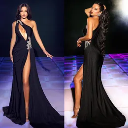 Fashion Sequin Black Mermaid aftonkl￤nningar En axelp￤rlor Crystal High Split Prom Dress Enkla formella festkl￤nningar