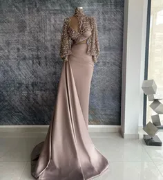 Mermaid Prom Dresses Modern Nude Pink Crystal Beads Sequined High Neck Long Sleeves Cutside Beaded Arabic Aso Ebi Women Evening Dress 403