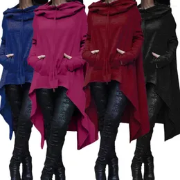 Sudadera con capucha para mujeres Mujeres casuales sudaderas de color sólido Cord de manga larga poncho suelto con capucha irregular para ropa de mujer