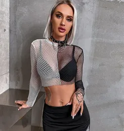 Women039S Tshirt Tops Tees Fishnet Matching Long Sleeve Dound Neck Rece See عبر Street Style Top6538403