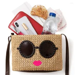 Evening Bags Straw For Women 2022 Handmade Woven Basket Bolsa Glasses Lip Cartoon Shoulder Bag Summer Beach Brand Ladies Hand