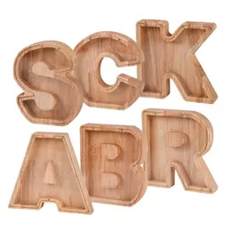 Wooden Money Storage Jar Transparent Money Saving Box 26 English Alphabet Letter Piggy Banks DIY Creative Gift SN5062
