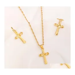 Earrings Necklace 18 K Yellow Fine Gold Filled Cross Pendantchain Set Small Mini Tax Stamp Christian Jewelry Sets Women Girl Jesus Dh7Td
