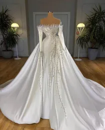 Mermaid Vestres de noiva sem mangas com alça de renda Aplicado pérolas com miçangas de miçangas de trem destacável Boho Vestido de noiva Vestidos de noiva Mangas abiti da sponsa