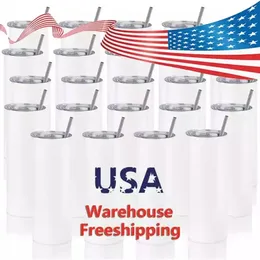 USA Warehouse Water Bottles Tumblers 20oz Flat Edge Blank Sublimation Tumbler Straight Cups Rostfritt stål Ölkaffe muggar SS1223