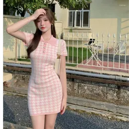 Casual Dresses Sweet Sexy Wrap Hip Mini Short Sleeve Lattice Bird Lapel Blue Plaid Sticked Dress Women Vestidos Mujer Retro Fashion Wild Wild Wild Wild Wild