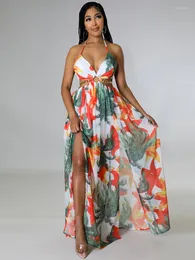 Casual Dresses Floral Print Boho Maxi For Women 2022 Summer Halter Backless High Split Holiday Dress Sexy Cut Out Vacation Clothes
