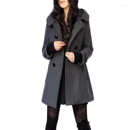 女性のトレンチコートシックな冬とジャケット女性フード付きウールウールウィンドブレーカーダブルブレスト女性5xlプラスサイズ