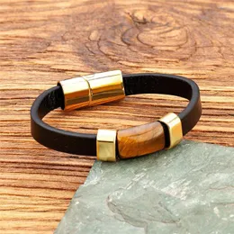 Braccialetti a maglie Bracciale rettangolare in occhio di tigre di alta qualità da uomo Accessori in acciaio inossidabile Gioielli in corda di cuoio da donna