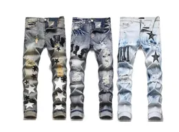 Jeans Mens Jeans Letra Estrela Hoel Designer Loose Bordery Patchwork Ripped for Trend Motorcycle Pant Skinny Clothing