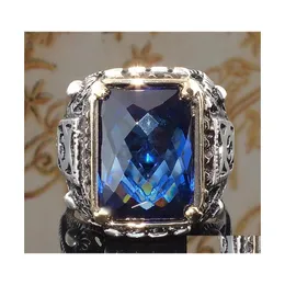Cluster Rings Vintage Punk Large Blue Stone Hip Hop Carved Geometric Cut Zircon Finger For Mens Jewelry Bague Homme Z4Q939 Drop Deli Dhtf9