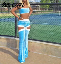 Cyber Y2K Velvet Cami And High Waist Flare Pants 2 Piece Sets 2000s Aesthetics Hollow Out Blue Coord Suits Vintage Outfits Slim W9203035