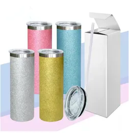 USA Warehouse 20oz Sublimation Straight Glitter Tumbler Skinny Tumblers Double Wall Vacuum Cups with Sealing Lid and Plastic Straw Water Bottle Drinking Cup B3
