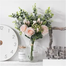 Decorative Flowers Wreaths Artificial Flower Plants Rose Eucalyptus Leaves Diy Bridal Bouquet Fake For Home Garden Party Wedding D Dhm3R