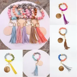Silicone Key Ring Party Bracelet Beaded Wrislet Keychain Portable House Car Holder Wristlet Wrist for Women Bangle Cute Keyrings Chains Girls with Leather Tassel