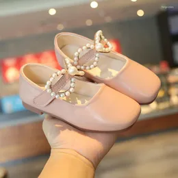 Flat Shoes 2022 Children Girls Leather Cow Muscle Princess Pearl Low-heeled Fashion Bow Baby Dance Dress