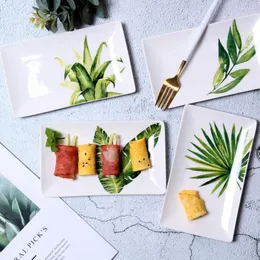 Placas de 8 polegadas de folha nórdica Cerâmica Placa de cerâmica Planta verde Porcelana Dinner Dinner Sobes de Sushi Sushi lanche