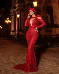 光沢のある赤いマーメイドウエディングドレススパンコールレースタッセルパーティードレス長袖イリュージョンカスタムメイドのイブニングドレス