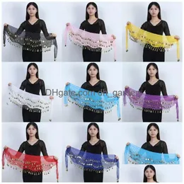 Belly Chains Dance Women 83 Gold Coins Three Layers Chiffon Hip Scarf Indian Dancing Colorf Waist Chain Red Purple Yellow 6 Dhgarden Dhnmx