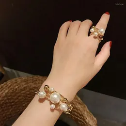 Bangle Girls Fashion Jewelry Gold Metal Gift Geometry Bracelet Large Pearl Ring Irregular Double Layer